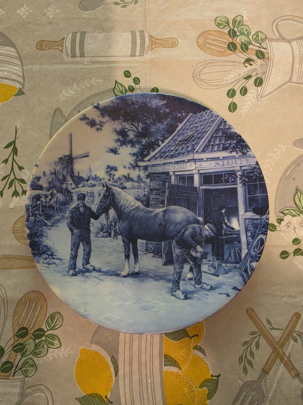 Blue and White Ceramic Wall Plate with Equestrian Farm Scene